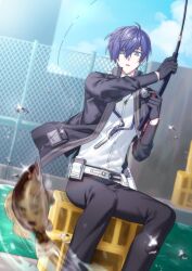 1boy absurdres aircon11 armband black_gloves black_jacket black_pants blue_hair blue_sky cloud cloudy_sky commentary digital_media_player earphones evoker feet_out_of_frame fish fishing fishing_rod gekkoukan_high_school_uniform gloves hair_between_eyes highres holding holding_fishing_rod jacket long_sleeves male_focus open_clothes open_jacket outdoors pants parted_lips persona persona_3 persona_3_reload persona_5 persona_5:_the_phantom_x red_armband school_uniform shirt short_hair sitting sky solo symbol-only_commentary water white_shirt yuuki_makoto_(persona_3)