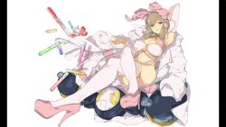 1girl absurdres arm_behind_head bow breasts bridal_gauntlets brown_hair cleavage cleavage_cutout clothing_cutout covered_erect_nipples curly_hair garter_straps green_eyes hair_bow haruka_(senran_kagura) high_heels highres lab_coat large_bow large_breasts medium_hair navel non-humanoid_robot non-web_source official_art ouroboros panties pillarboxed pink_bow pink_shirt pink_shoes revealing_clothes robot senran_kagura senran_kagura_burst_re:newal shirt shoes sitting sitting_on_robot skindentation smile solo spilling thick_thighs thighhighs thighs underwear vial white_background white_panties white_thighhighs yaegashi_nan