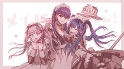 3girls alternate_costume amemiya_darumi apron arms_around_neck bandaged_wrist bandages black_bow black_hair blue_hair border bow cake earrings food glasses hands_up heart holding holding_plate jewelry looking_at_viewer maid maid_apron maid_headdress multicolored_hair multiple_girls one_eye_closed peace_symbol pink_border pink_eyes pink_hair plate purple_hair red_eyes shizuhara_hiruko sirei_(hundred_line) the_hundred_line_-last_defense_academy- tongue tongue_out tsukumo_kako turning_head twintails upper_body white_background yuri