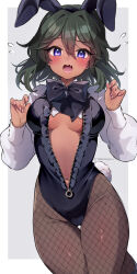 1girl animal_ears black_leotard blush bow bowtie breasts cleavage dark-skinned_female dark_skin fake_animal_ears fake_tail fang fishnet_pantyhose fishnets frilled_leotard frills green_hair highleg highleg_leotard highres idolmaster idolmaster_cinderella_girls leotard looking_at_viewer natalia_(idolmaster) navel no_bra open_mouth pantyhose playboy_bunny puffy_sleeves purple_eyes rabbit_ears rabbit_tail short_hair solo sweat tail trente unzipped
