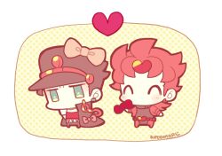 2boys ^_^ belt bow buckle chain chibi chibi_only closed_eyes coat_bow dio_brando earrings full_body hair_bow happy hat heart heart-shaped_buckle holding holding_bow_(ornament) jewelry jojo_no_kimyou_na_bouken kotorai kuujou_joutarou limited_palette male_focus multiple_boys no_mouth no_nose short_hair sideburns signature standing yaoi