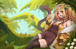 1girl animal_ears banana bananajuju blonde_hair blue_sky brown_eyes brown_gloves brown_hair brown_overalls brown_tail brown_thighhighs day fingerless_gloves food fruit gloves highres indie_virtual_youtuber jungle kittyjosei long_hair looking_at_viewer monkey_ears monkey_girl monkey_tail nature open_mouth outdoors overall_shorts overalls sky solo tail thighhighs virtual_youtuber