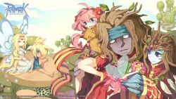 3boys 3girls ahoge animal animal_around_neck blonde_hair blue_eyes blue_headband blue_skin bouquet breasts cleavage closed_mouth colored_skin commander_lebiordirr copyright_notice dress fairy fairy_wings feathers flower fox green_hair grey_skin hair_branch hair_flower hair_ornament hair_over_one_eye headband highres holding holding_bouquet large_breasts logo long_sleeves looking_at_another multiple_boys multiple_girls mushroom neat_etorr official_art official_wallpaper pink_dress pink_flower pink_hair pointy_ears professor_(ragnarok_online) ragnarok_online red_robe red_sleeves robe smile striped_sleeves taruk upper_body white_dress wings yellow_flower yellow_sleeves