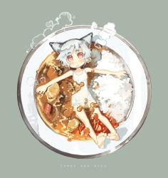 1girl barefoot blush curry curry_rice english_text female_focus food highres horns in_food konno_takashi_(frontier_pub) looking_at_viewer lying mini_person minigirl on_back one-piece_swimsuit open_mouth original outstretched_arms plate red_eyes rice school_swimsuit short_hair silver_hair solo spread_arms steam swimsuit white_one-piece_swimsuit white_school_swimsuit