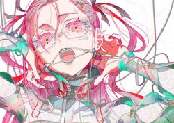 1girl braces commentary_request fingernails forehead freckles glasses grey-framed_eyewear grey_hair hands_up highres long_fingernails long_hair long_sleeves looking_at_viewer mika_pikazo open_mouth original red_eyes red_nails sharp_fingernails solo two_side_up upper_body white_background