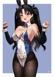 1girl absurdres bare_shoulders black_bow black_hair black_pantyhose blue_bow blush bow breasts cleavage collarbone covered_navel detached_collar detached_sleeves earrings fate/grand_order fate_(series) hair_bow highres hoop_earrings ishtar_(fate) jewelry kurozawa_yui large_breasts legs_together leotard long_hair looking_at_viewer nail_polish open_mouth pantyhose playboy_bunny red_eyes signature solo strapless strapless_leotard twintails
