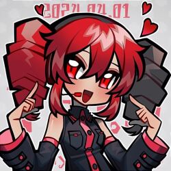 1girl 2024 bare_shoulders birthday black_shirt black_sleeves blush buttons collared_shirt dated detached_sleeves double-parted_bangs drill_hair english_text grey_background hair_between_eyes hands_up kakosa_sama kasane_teto kasane_teto_(utau) long_sleeves microphone open_mouth pointing pointing_at_self red_eyes red_hair shirt sleeveless sleeveless_shirt solo twin_drills upper_body utau wing_collar