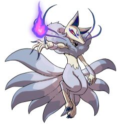 absurdres blue_nails colored_sclera fingernails fire fox_tail full_body grey_fur highres inugami_(youkai_watch) kitsune kyuubi long_fingernails multiple_tails nail_polish no_humans official_art red_eyes simple_background solo tail third-party_source traditional_youkai two-tone_fur white_background white_fur yellow_sclera youkai_(youkai_watch) youkai_watch