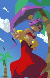 1girl blue_eyes genie hand_on_own_hip harem_pants highres long_hair looking_at_viewer looking_down midriff navel one_eye_closed pants ponytail purple_hair shantae shantae_(series) solo v werfmight