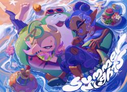 1boy 2girls barefoot big_man_(splatoon) big_man_(summer_nights)_(splatoon) blonde_hair blue_hair blue_pants blue_tongue blueberry cephalopod_eyes closed_eyes colored_extremities colored_eyelashes colored_tongue crop_top dark-skinned_female dark_skin fangs flower food food_on_head fruit frye_(splatoon) frye_(summer_nights)_(splatoon) gradient_hair grapes grin hair_ornament hair_over_one_eye hair_stick highres horizontal_pupils inkling innertube ka1_(k4k37) lime_(fruit) lime_slice long_eyelashes long_pointy_ears medium_hair midriff multicolored_hair multiple_girls nintendo object_on_head octoling official_alternate_color official_alternate_costume one_eye_covered open_mouth pants parted_lips pointy_ears purple_hair red_eyes rubber_duck shirt shiver_(splatoon) shiver_(summer_nights)_(splatoon) smallfry_(splatoon) smile splatoon_(series) splatoon_3 sunglasses_on_head swim_ring tentacle_hair torn_clothes torn_pants water watermark white_shirt