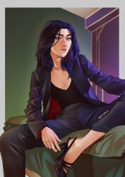 1girl absurdres arcane:_league_of_legends arcane_caitlyn art_akumu bed black_jacket black_pants blue_eyes blue_hair breasts caitlyn_(league_of_legends) cleavage highres jacket league_of_legends long_hair pants pillow small_breasts solo twitter_username
