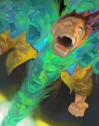 Rule 34 | 1boy, afterimage, brown eyes, brown hair, clenched hand, cyberpunk (series), cyberpunk edgerunners, david martinez, from above, glowing, glowing eyes, hieumay, highres, jacket, male focus, open mouth, sandevistan, screaming, short hair, solo, teeth, yellow jacket