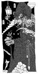 1girl bracelet der_raeuber_hotzenplotz fairy fairy_wings fee_amaryllis greyscale haku_(lilichai) hat herb jewelry lantern leaf monochrome petrosilius_zwackelmann plant pointing potato ring robe stairs string window wings wizard wizard_hat