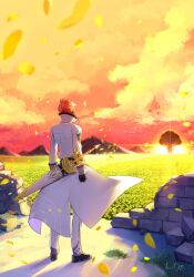 1boy black_footwear black_gloves blurry blurry_background broken_wall clenched_hand cloud coat commentary_request falling_petals field flower flower_field from_behind gloves grass high_collar highres kumuo_(mirakurufusao) male_focus mountainous_horizon outdoors pants petals re:zero_kara_hajimeru_isekai_seikatsu red_hair reinhard_van_astrea scenery sky solo standing sun sunset sword sword_on_back tree waist_cape weapon weapon_on_back white_coat white_pants