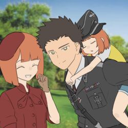 1boy 2girls alternate_costume beret black_cat03 black_headwear black_jacket brown_gloves brown_hair carrying child closed_eyes collar_tabs cross daughter_(yoru_mac) day family father_(yoru_mac) father_and_daughter gloves green_eyes hat hat_ornament husband_and_wife iron_cross jacket mcdonald&#039;s mother_(yoru_mac) mother_and_daughter multiple_girls nazi nazi_party_pin orange_hair outdoors peaked_cap photo_background piggyback red_headwear red_shirt shirt short_hair skull_hat_ornament spiked_hair ss_uniform swastika totenkopf yoru_mac