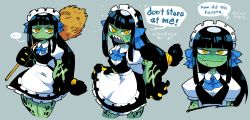 ... 1girl absurdres alternate_costume apron black_hair black_skin black_skirt black_vest blue_ribbon blush broom closed_mouth collared_shirt colored_skin cropped_legs enmaided fewer_digits green_skin grey_background highres holding holding_broom kappa long_hair looking_at_viewer maid maid_apron maid_headdress monster_girl multicolored_skin multiple_views neck_ribbon neneko_(rariatto) open_mouth original puffy_short_sleeves puffy_sleeves rariatto_(ganguri) ribbon ringed_eyes sharp_teeth shirt short_sleeves skirt spoken_ellipsis teeth two-tone_skin upper_teeth_only vest waist_apron wavy_mouth webbed_hands white_shirt wing_collar yellow_eyes