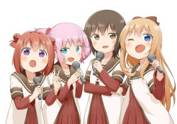 Rule 34 | &gt;:d, &gt;;d, 4girls, :d, ;d, ahoge, akaza akari, blonde hair, blue eyes, bow, brown eyes, brown hair, collarbone, commentary request, dokka no kuni no kokuou, double bun, funami yui, hair bobbles, hair bow, hair bun, hair intakes, hair ornament, looking at viewer, microphone, multiple girls, nanamori school uniform, one eye closed, open mouth, pink hair, purple eyes, red hair, school uniform, serafuku, short hair, simple background, single hair bun, smile, toshinou kyouko, twintails, v, v-shaped eyebrows, white background, yoshikawa chinatsu, yuruyuri