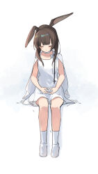 1girl absurdres aged_down amiya_(arknights) amiya_(young)_(arknights) animal_ears arknights blush brown_hair cape closed_eyes commentary dress flower full_body highres invisible_chair kneehighs medium_hair parted_lips shoes simple_background sitting sleeping socks solo squeans symbol-only_commentary white_background white_cape white_dress white_flower white_shoes white_socks xia_bao_(wulalala)