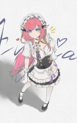 1girl apron black_dress black_shoes blue_eyes breasts character_name chinese_commentary commentary_request dress elysia_(honkai_impact) elysia_(miss_pink)_(honkai_impact) elysia_(miss_pink_elf)_(honkai_impact) fake_horns full_body gloves highres honkai_(series) honkai_impact_3rd horns large_breasts looking_at_viewer maid maid_apron maid_headdress official_alternate_costume pantyhose pink_hair puffy_sleeves shadow shoes simple_background smile solo white_apron white_background white_gloves white_pantyhose zhezhezhe95646