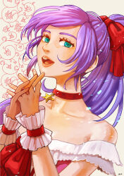 1girl aqua_eyes bow choker collarbone commentary_request dragon_quest dragon_quest_x dress dress_bow floating_hair frilled_wrist_cuffs frills hair_bow high_ponytail highres looking_at_viewer looking_to_the_side mereade off-shoulder_dress off_shoulder open_mouth own_hands_together phoebe_nemo pink_dress ponytail purple_hair red_bow red_choker smile solo star_(symbol) star_choker teeth upper_body upper_teeth_only white_background white_trim wrist_cuffs