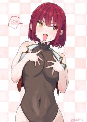 1girl bare_shoulders blush braid breasts brown_leotard checkered_background collar collared_leotard covered_collarbone covered_navel fangs fingernails frilled_collar frills hashtag-only_commentary highres hizikit hololive houshou_marine houshou_marine_(1st_costume) large_breasts leotard medium_hair open_clothes open_mouth open_vest pink_background pink_nails red_eyes red_hair red_vest smile solo spoken_blush sweatdrop vest virtual_youtuber yellow_eyes