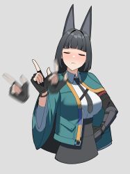 1girl absurdres afterimage animal_ears asymmetrical_gloves black_gloves black_necktie black_skirt blue_jacket blush breasts closed_eyes closed_mouth collared_shirt cropped_jacket dress_shirt facing_viewer fingerless_gloves gar32 gloves grey_background high-waist_skirt highres hoshimi_miyabi index_finger_raised jacket large_breasts long_sleeves mismatched_gloves necktie open_clothes open_jacket shirt simple_background single_fingerless_glove skirt solo white_shirt wide_sleeves zenless_zone_zero