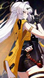 1girl ahoge arm_behind_back black_gloves black_unitard cowboy_shot fingerless_gloves gloves hair_ornament high-waist_shorts highres jacket kuji-in long_hair looking_back shorts single_hair_intake uni_(maru231) yellow_eyes yellow_jacket yixuan_(zenless_zone_zero) zenless_zone_zero