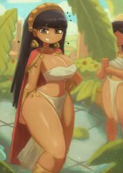 Rule 34 | 2girls, absurdres, animal, bird, black eyes, black hair, blush, bracer, breasts, bush, cape, chel (el dorado), choker, cleavage, cloud, dark skin, dreamworks, earrings, grin, hairband, hand on own hip, heart, highres, holding, holding leaf, jewelry, large breasts, leaf, leaf fan, long hair, looking at viewer, midriff, multiple girls, navel, pelvic curtain, red cape, shirt, sky, smile, sparkle, standing, strapless, teeth, the road to el dorado, thick thighs, thighs, tony welt, tube top, white shirt, wide hips