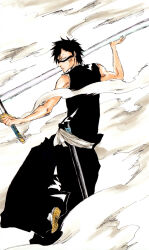 1boy absurdres bare_arms bare_shoulders black_hakama black_kimono bleach casting_spell closed_mouth commentary_request facial_tattoo fighting_stance from_side full_body hakama highres hisagi_shuuhei holding holding_sword holding_weapon japanese_clothes katana ken&#039;ichi_(ken1ro_u) kimono kubo_tite_(style) looking_at_viewer male_focus muscular muscular_male official_style profile sanpaku serious sideways_glance simple_background smoke solo standing standing_on_one_leg sword tattoo torn_clothes torn_kimono v-shaped_eyebrows weapon white_background