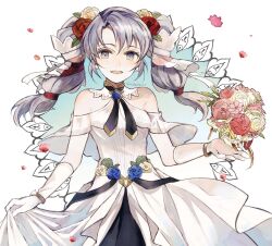 1girl bare_shoulders bouquet breasts dress fire_emblem fire_emblem:_genealogy_of_the_holy_war fire_emblem_heroes flower gloves highres jewelry leaf_(esabacoo) long_hair looking_at_viewer multi-tied_hair nintendo official_alternate_costume open_mouth purple_eyes purple_hair small_breasts smile solo tine_(determined_bride)_(fire_emblem) tine_(fire_emblem) twintails wedding_dress white_dress white_gloves
