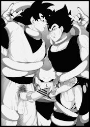 Rule 34 | 3boys, blush, censored, dragon ball, dragonball z, erection, forced, highres, licking, looking at another, majin buu, majinbuusama, male focus, monochrome, multiple boys, muscular, muscular male, oral, pectorals, penis, pubic hair, son goku, super buu, tentacles, testicles, tongue, tongue out, vegeta, yaoi