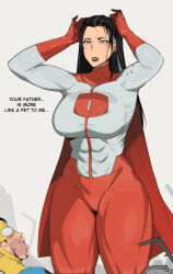 1boy 1girl black_hair blood blue_eyes breasts cape dr_octojuice english_text genderswap genderswap_(mtf) highres invincible_(series) large_breasts lips mark_grayson muscular muscular_female omni-man