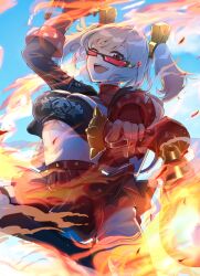 1girl :d absurdres azukimaru black_gloves black_jacket black_skirt black_tube_top blonde_hair blush breasts burnice_white commentary crop_top flamethrower gloves highres holding holding_flamethrower holding_weapon jacket large_breasts looking_at_viewer looking_over_eyewear navel open_mouth red-tinted_eyewear red_eyes short_hair skirt smile solo strapless sunglasses thighhighs tinted_eyewear tube_top twintails weapon zenless_zone_zero