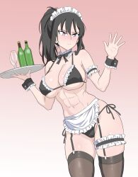 1girl abs absurdres bikini black_bikini black_hair breasts closed_mouth collarbone covered_erect_nipples esgoto13 hair_between_eyes hand_up highres holding large_breasts long_hair maid maid_bikini muscular muscular_female navel ponytail sasaki_fuuka sidelocks simple_background solo string_bikini swimsuit unconventional_maid watashi_ga_motenai_no_wa_dou_kangaetemo_omaera_ga_warui!
