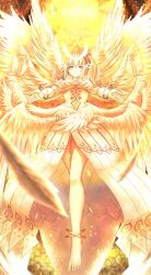 1girl angel_wings anklet barefoot blonde_hair bracelet breasts bridal_gauntlets clothing_cutout dress fate/grand_order fate_(series) feathered_wings full_body gloves headpiece highres jeanne_d&#039;arc_(fate) jewelry juliet_sleeves large_breasts long_hair long_sleeves looking_at_viewer multiple_wings navel navel_cutout penguintake puffy_sleeves purple_eyes very_long_hair white_dress white_gloves wings