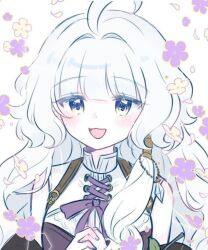 ahoge fingerless_gloves flower gloves grey_hair long_hair mabinogi purple_flower purple_ribbon ribbon rowan_(mabinogi) simple_background sleeveless smile white_flower yellow_eyes