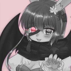Rule 34 | 1girl, arch bishop (ragnarok online), bandaged head, bandages, blush, bow, breasts, claw pose, cleavage, cleavage cutout, clothing cutout, commentary request, dress, fang, fingernails, flower, glowing, glowing eye, greyscale with colored background, hair bow, hair flower, hair ornament, long hair, looking at viewer, medium breasts, open mouth, pink background, ragnarok online, scarf, shirokuro (erisnoa), simple background, skin fang, smile, solo, two-tone dress, upper body