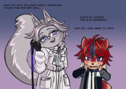 animal_ears aotsuki_eito black_gloves black_hair blue_eyes blush cat cat_ears cat_tail collar dog dog_ears english_text eyelashes furry furry_male glasses gloves gradient_background grey_fur grey_hair height_difference highres leash long_sleeves purple_background purple_eyes red_hair sumino_takumi tail teeth the_hundred_line_-last_defense_academy- tongue upper_body upper_teeth_only white_background yaoi