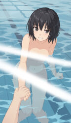 1girl amagami black_eyes black_hair bob_cut botan_m breasts clenched_teeth collarbone completely_nude feet_out_of_frame groin highres knees_together_feet_apart light_censor nanasaki_ai navel nude paid_reward_available partially_submerged pool pov pov_hands short_hair small_breasts smile solo_focus standing teeth water