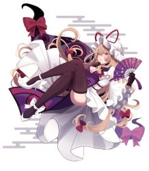 1girl absurdres ass bath_yukata black_gloves blonde_hair blue_tabard bow breasts cleavage cleavage_cutout clothing_cutout commentary_request crossed_legs disembodied_eye dress egasumi folding_fan gap_(touhou) gloves hair_between_eyes hair_bow hand_fan hand_on_own_chin hat hat_ribbon high_heels highres holding holding_fan japanese_clothes kimono long_hair long_sleeves looking_at_viewer maka_(user_rryf2748) medium_breasts mob_cap parted_lips purple_bow purple_eyes red_bow red_ribbon ribbon shoes sidelocks solo tabard touhou very_long_hair white_background white_dress white_hat white_shoes wide_sleeves yakumo_yukari yukata