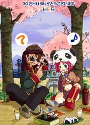 1boy 1girl 2000s_(style) bad_id bento black_eyes black_pants blue_sky blush_stickers boots bottle brown_capelet brown_gloves brown_hair brown_headband capelet cherry_blossoms cloud coat commentary_request cup dango dated_commentary elbow_gloves food full_body gloves green_eyes grey_coat grey_shoes headband kaisanbutsu long_sleeves lowres mage_(ragnarok_online) midriff multicolored_coat navel onigiri open_mouth outdoors panda_hat pants pelvic_curtain picnic priest_(ragnarok_online) ragnarok_online red_boots red_coat sanshoku_dango shoes short_hair sitting sky stone_lantern sunglasses tree two-tone_coat wagashi