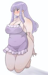 1girl apron arms_behind_back blush breasts cleavage covered_navel fern_(sousou_no_frieren) frilled_apron frills frown holding_own_arm kneeling large_breasts long_hair naked_apron plump purple_apron purple_eyes purple_hair sidelocks solo sousou_no_frieren toyishiki_shizuoka white_background