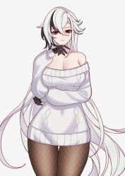 Rule 34 | 1girl, alternate costume, arlecchino (genshin impact), bare shoulders, black eyes, black hair, breasts, charlie purrito, cleavage, cowboy shot, dress, fishnet pantyhose, fishnets, genshin impact, grey background, hair between eyes, hand up, highres, large breasts, long hair, long sleeves, looking at viewer, multicolored hair, off-shoulder dress, off-shoulder sweater, off shoulder, pantyhose, simple background, solo, standing, streaked hair, sweater, sweater dress, thighs, very long hair, white dress, white hair, white sweater