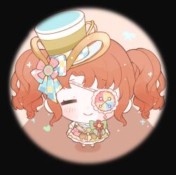 1girl =_= art_of_tailoring_(infinity_nikki) baonu_de_zhanshen_caibutou bare_legs bare_shoulders belt black_border blue_sleeves blunt_bangs blush_stickers border bow bowtie brooch brown_belt buttons checkered_bow checkered_clothes checkered_sleeves chibi chinese_commentary closed_eyes closed_mouth commentary_request detached_sleeves dress eyelashes eyepatch flower flower_brooch from_above gloves green_bow green_bowtie hallway happy hat hat_bow highres indoors infinity_nikki jewelry light_particles lolita_fashion medium_dress multicolored_bow multicolored_dress nikki_(series) orange_hair parted_bangs patchwork_clothes pink_bow plaid_bow plaid_bowtie plaid_clothes red_flower round_border shadow shoes short_hair short_twintails sleeveless sleeveless_dress smile solo sparkle standing top_hat twintails two-tone_sleeves wavy_hair white_shoes yellow_gloves yellow_hat yellow_sleeves