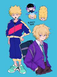 2boys aqua_background black_hair blonde_hair blue_jacket ekubo_(mob_psycho_100) full_body hanazawa_teruki highres jacket looking_at_viewer male_focus mob_psycho_100 multiple_boys multiple_views nasi_w2 purple_jacket shirt short_hair simple_background solo upper_body white_shirt