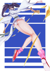 1girl ass blush commentary_request enno_chiaki highres holding japanese_clothes kishin_douji_zenki kneepits long_hair looking_back miko ofuda panties purple_eyes purple_hair qingmingtongzi ribbon-trimmed_clothes ribbon-trimmed_sleeves ribbon_trim sash twintails underwear white_panties