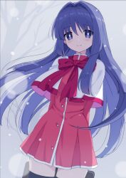 1girl arms_behind_back bag black_thighhighs blue_eyes blue_hair bow bright_pupils capelet closed_mouth cowboy_shot dress floating_hair hair_intakes highres holding holding_bag irinogoma kanon long_hair long_sleeves looking_at_viewer minase_nayuki red_bow red_dress school_uniform smile snowing solo tareme thighhighs white_capelet white_pupils winter zettai_ryouiki
