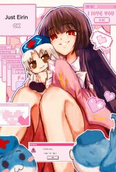 1girl absurdres black_hair black_sheep_(artist) bright_pupils character_doll cursor doki_doki_literature_club doll frilled_sleeves frills fumo_(doll) grin heart highres hime_cut holding holding_doll houraisan_kaguya knees_up long_hair long_sleeves looking_at_viewer parody pink_shirt pixel_heart red_eyes shirt sitting smile solo spoken_heart stuffed_toy teeth touhou white_pupils window_(computing) yagokoro_eirin