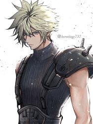 Rule 34 | 1boy, armor, birthday, blonde hair, blue eyes, closed mouth, cloud strife, debris, final fantasy, final fantasy vii, final fantasy vii remake, ha lu77, hair between eyes, highres, looking at viewer, male focus, short hair, shoulder armor, simple background, single bare shoulder, sleeveless, sleeveless turtleneck, solo, spiked hair, suspenders, sweater, turtleneck, turtleneck sweater, twitter username, upper body