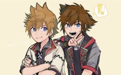! !! 2boys arm_on_another&#039;s_shoulder arm_up black_jacket black_shirt blonde_hair blue_eyes brown_hair chain chain_necklace commentary_request crossed_arms grin highres jacket jewelry kingdom_hearts kingdom_hearts_iii male_focus multiple_boys necklace open_mouth pendant roxas shirt short_hair short_sleeves smile sora_(kingdom_hearts) spiked_hair teeth till-9910 upper_body v v-neck white_jacket wristband yellow_background